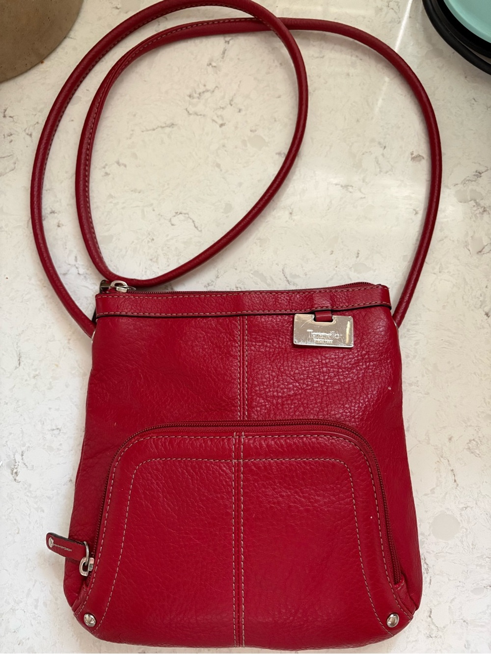 Tignanello Red Leather Crossbody with Front Zip Pocket